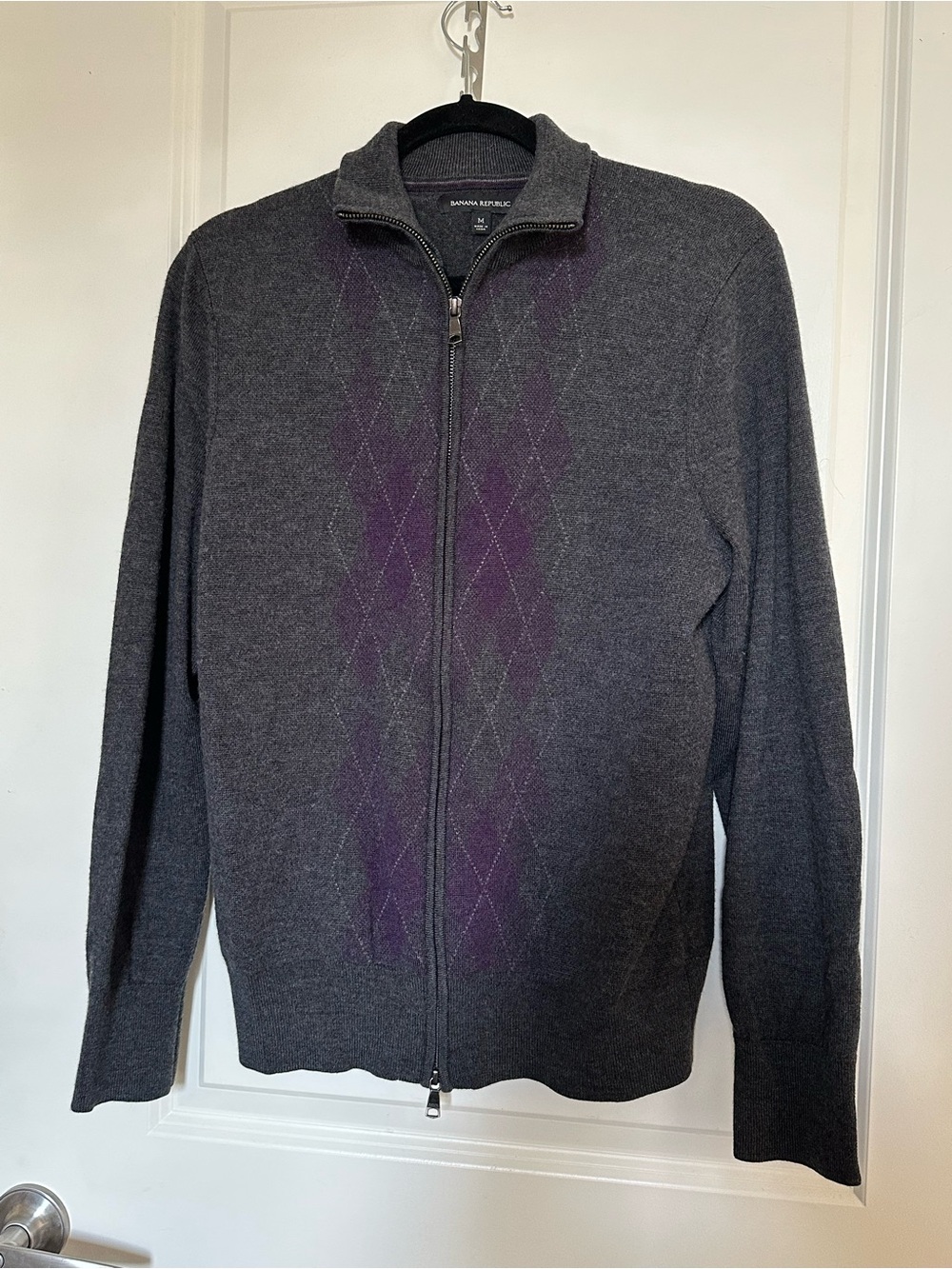 Banana Republic Unisex Wool Full-Zip Argyle Sweater - Charcoal with Purple